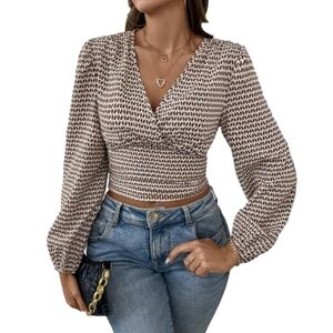 Long Sleeve Top Brown Sheared Waist Geometric Lantern Sleeve Boho Fall Blouse